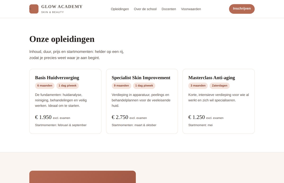 Opleidingenoverzicht met inhoud, duur, prijs en startmomenten
